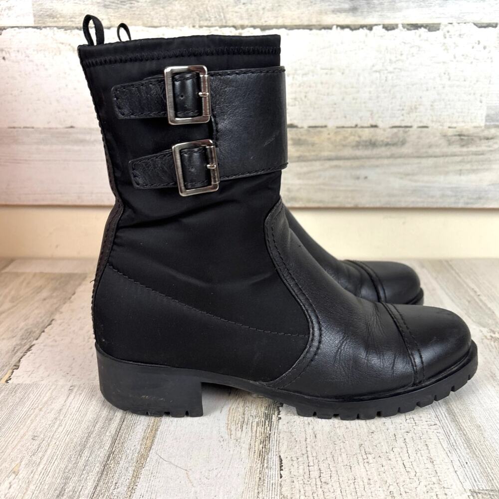 Prada 10 Black Leather Biker Moto Boots Mid Calf Buckle Zip Designer Luxe - Picture 3 of 11